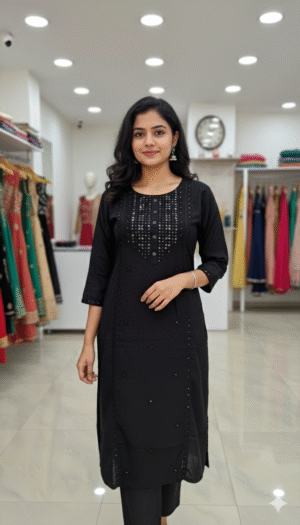Classic Black Kurta Set with Mirror Work Neckline
