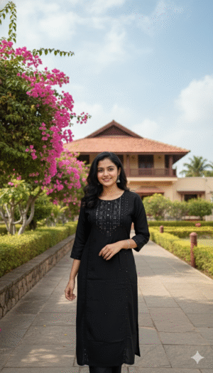 Classic Black Kurta Set with Mirror Work Neckline